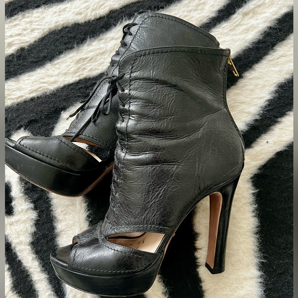 Prada Leather Peep Toe Platform Laced-up High Heel Bootie in Black, EU 37